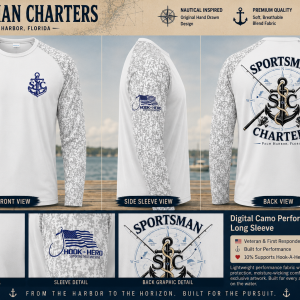 Digital Camo Performance long sleeve by Sportsman Charters featuring digital camo sleeves, front chest logo, Hook-a-Hero sleeve logo, and full-color Compass Anchor back artwork.