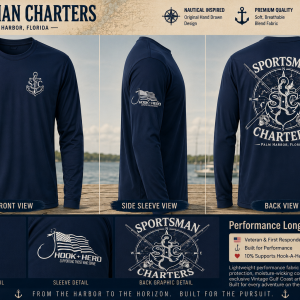 Vintage Compass Performance long sleeve by Sportsman Charters featuring front chest logo, Hook-a-Hero sleeve logo, and Vintage Compass back artwork.