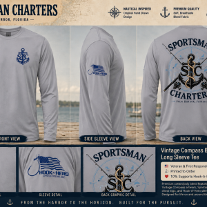 Sportsman Charters Compass Anchor Performance Long Sleeve featuring front chest logo, Hook-A-Hero sleeve logo, and full back Compass Anchor artwork shown in front, side, and back views.