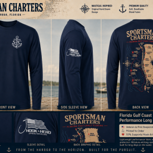 Florida Gulf Coast Performance Long Sleeve featuring Sportsman Charters chest logo, Hook-A-Hero sleeve logo, and exclusive Florida Gulf Coast fishing map artwork on the back.