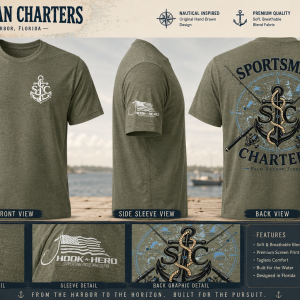 Sportsman Charters Compass Anchor Blend T-Shirt – Front, Sleeve & Back Views featuring Compass Anchor artwork and Hook-A-Hero sleeve logo.