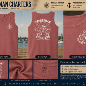 Vintage Compass Tank Top featuring Sportsman Charters chest logo and exclusive Vintage Compass back artwork.