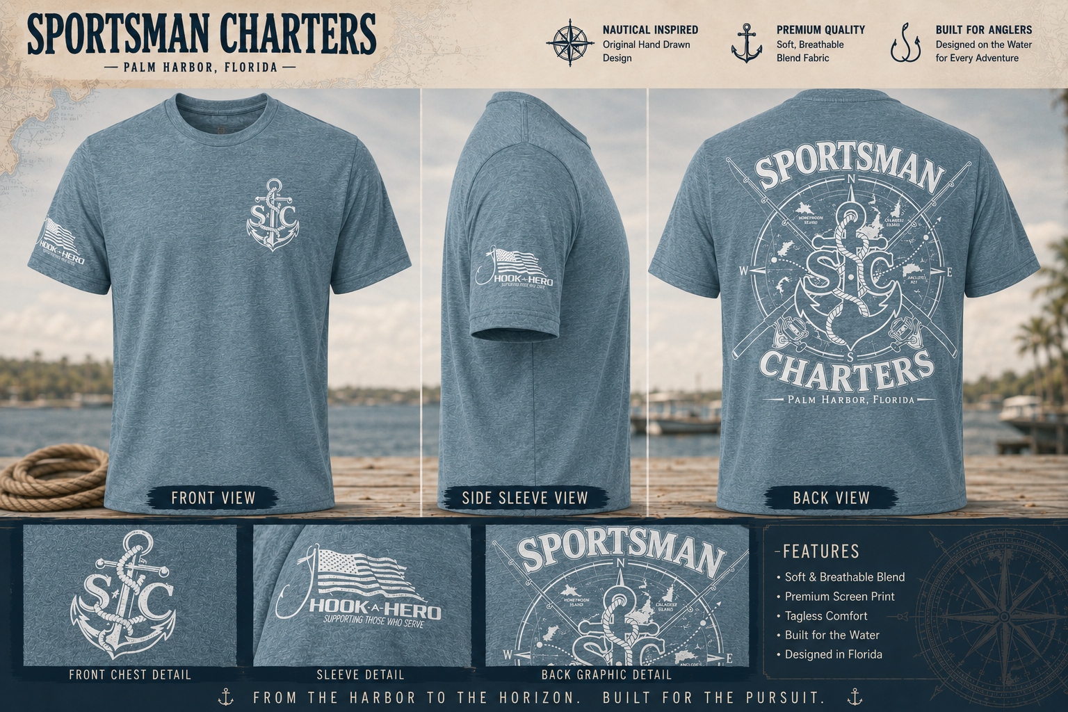 Sportsman Charters Vintage Compass Blend Tee featuring front chest logo, Hook-A-Hero sleeve logo, and full back Vintage Compass artwork shown in front, side, and back views.